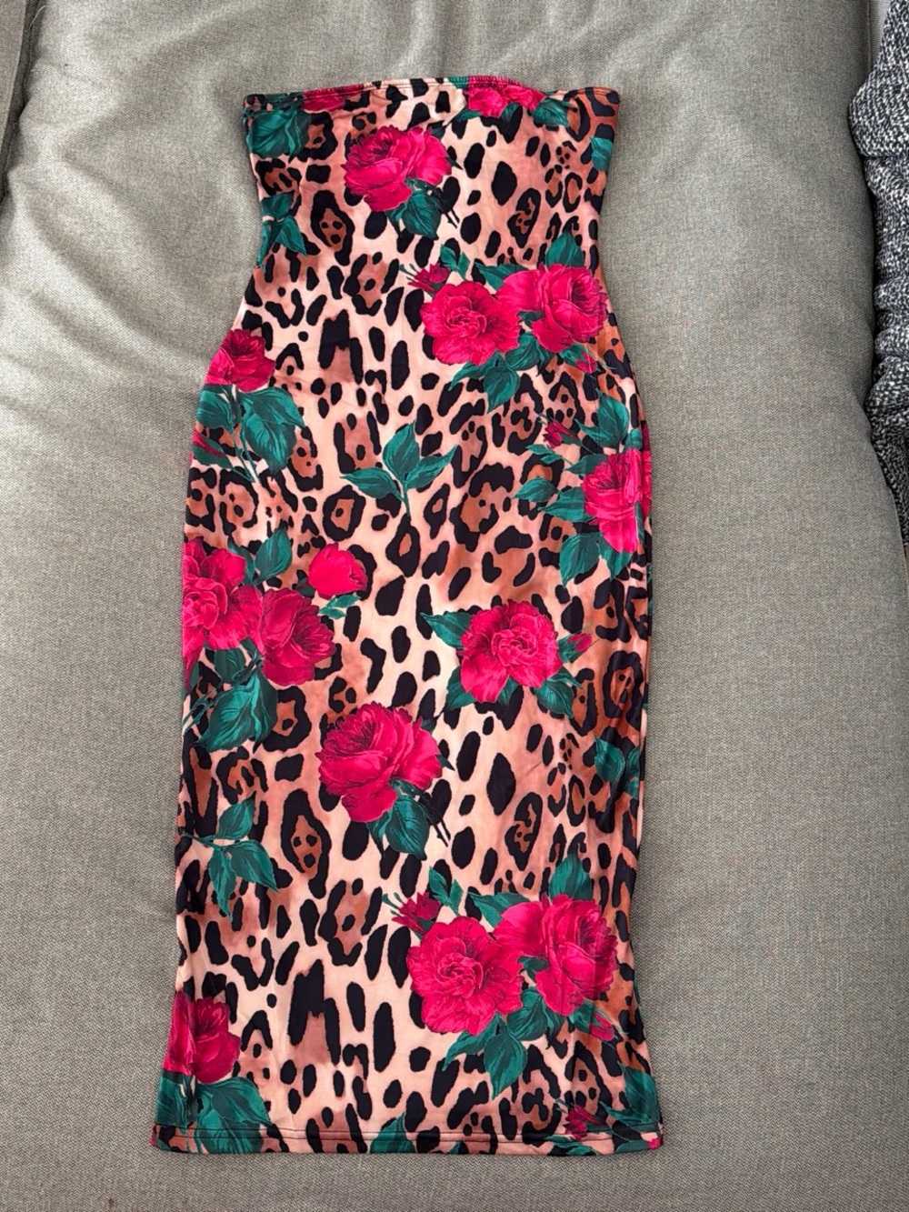 SHEIN Strapless Leopard Floral Midi Dress in Pink and Green